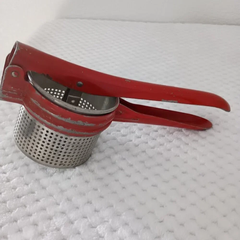 Vintage Metal Potato Masher Strainer Red Handle Kitchen Utensil
